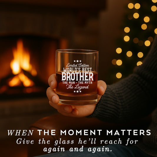 World’s Best Brother engraved whiskey glass – fireplace scene