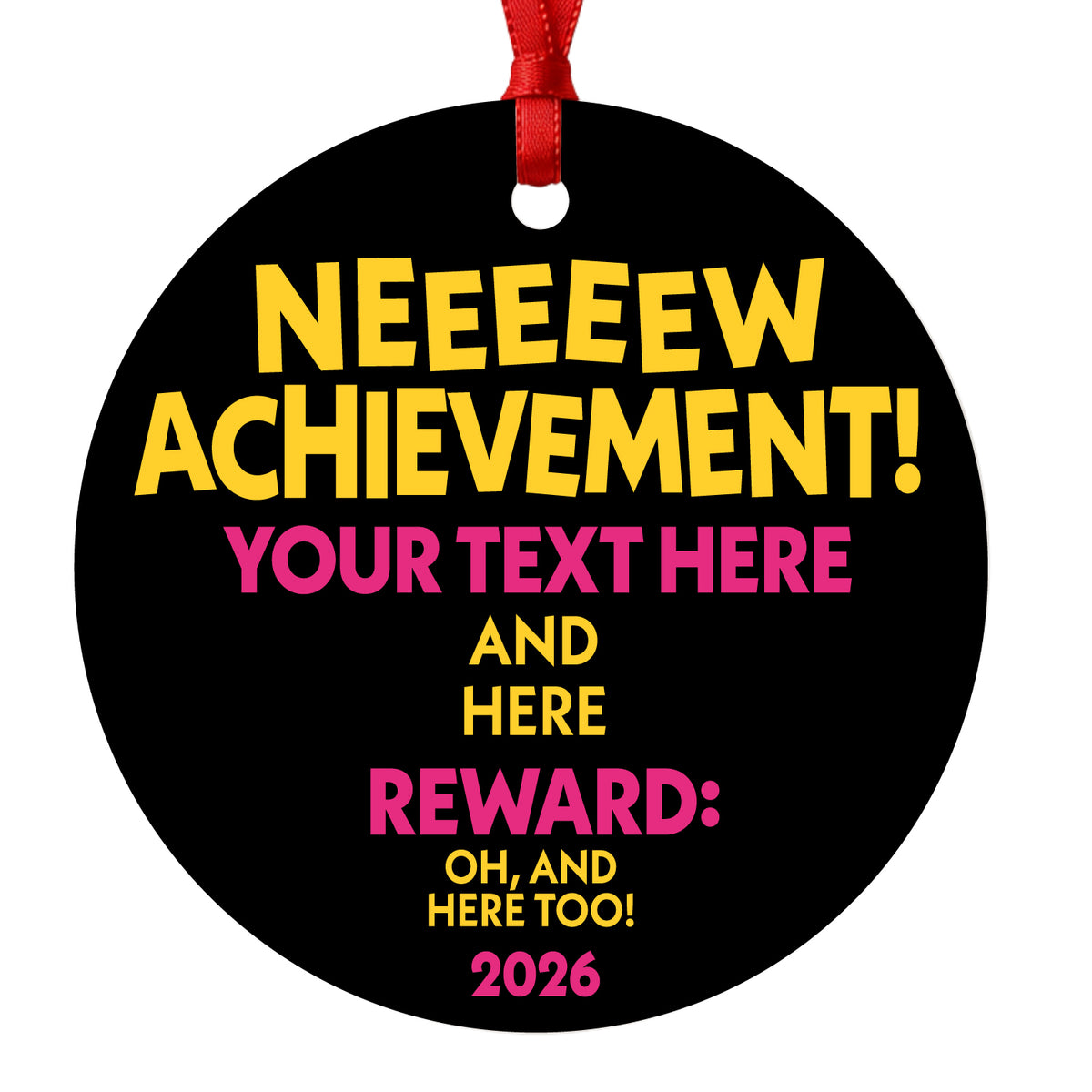 Close-up of the custom achievement ornament showing customizable title, description, reward and year
