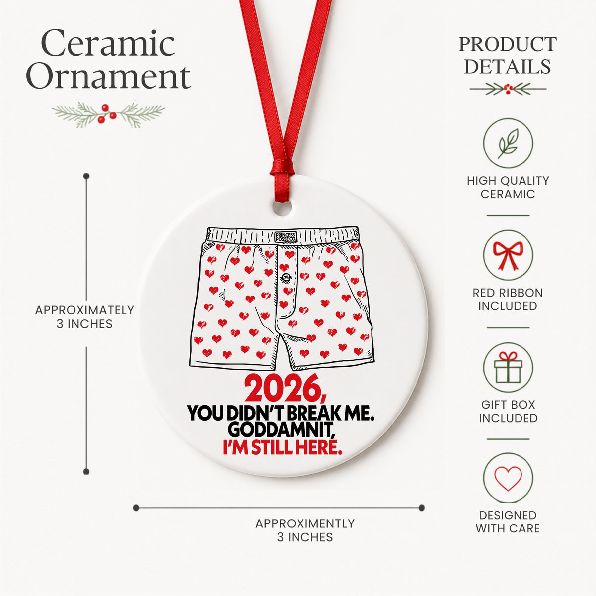 Dungeon Crawler Carl heart boxers 2026 ornament product details graphic showing approximately 3 inch size, ribbon and gift box