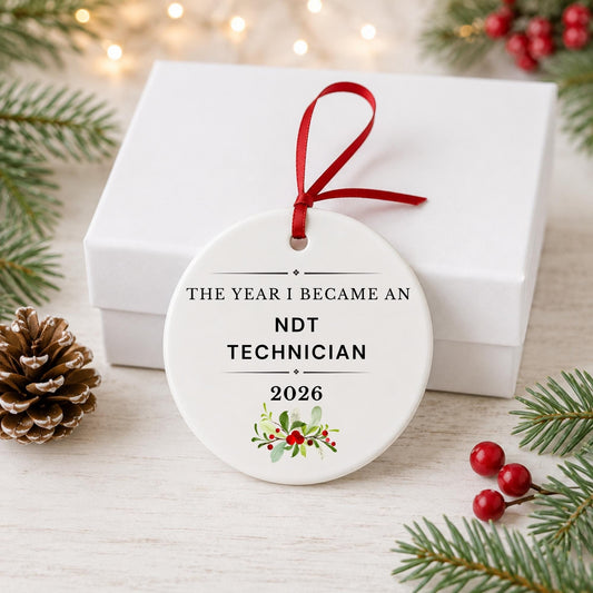 NDT Technician 2026 ceramic ornament reading The Year I Became an NDT Technician in front of a white gift box with pinecones and red berries