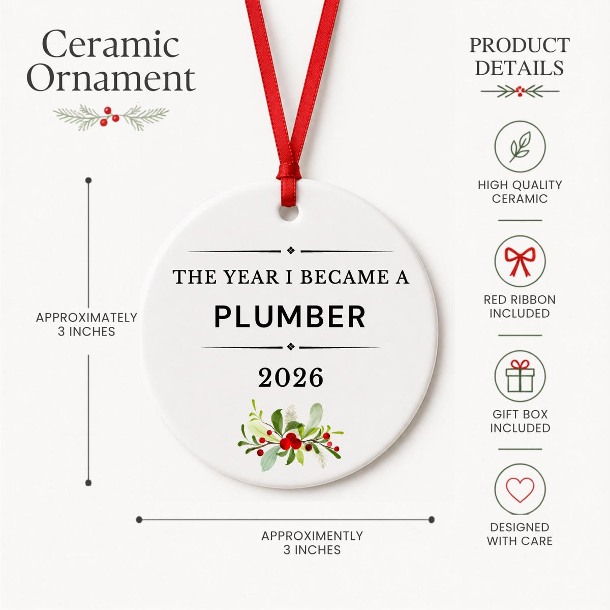 Product details for the Plumber 2026 ceramic ornament reading The Year I Became a Plumber: approximately 3-inch round ceramic ornament, red ribbon and gift box