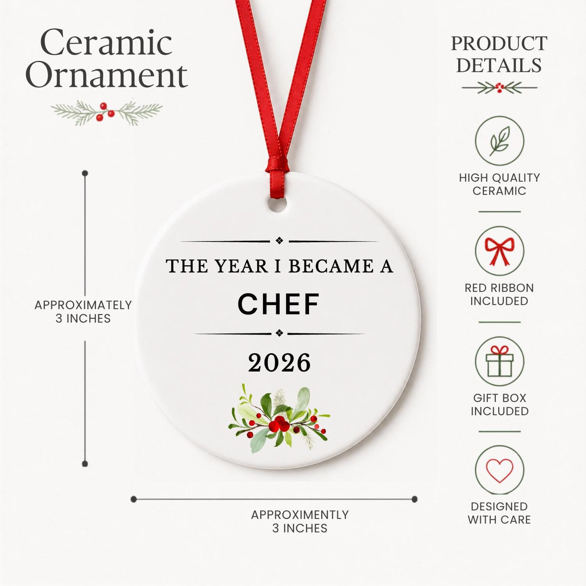 Product details for the Chef 2026 ceramic ornament reading The Year I Became a Chef: approximately 3-inch round ceramic ornament, red ribbon and gift box
