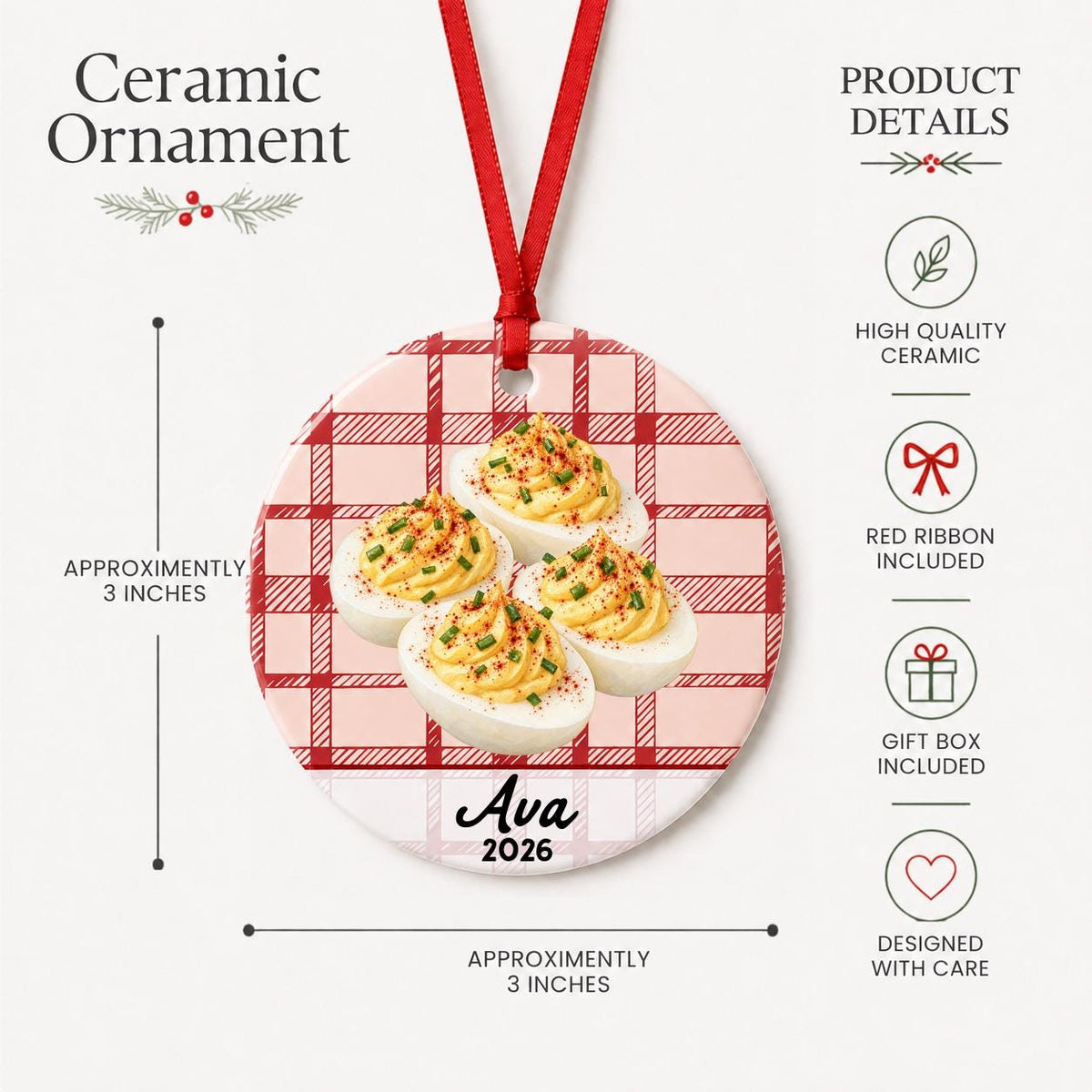 Product details for the personalized deviled eggs ceramic ornament with name and year on red plaid: approximately 3-inch round ceramic ornament, red ribbon and gift box
