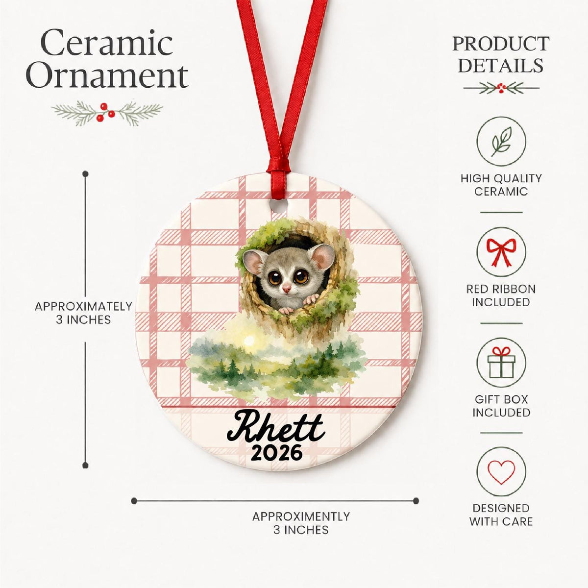 Product details for the personalized galago ceramic ornament with name and year on red plaid: approximately 3-inch round ceramic ornament, red ribbon and gift box