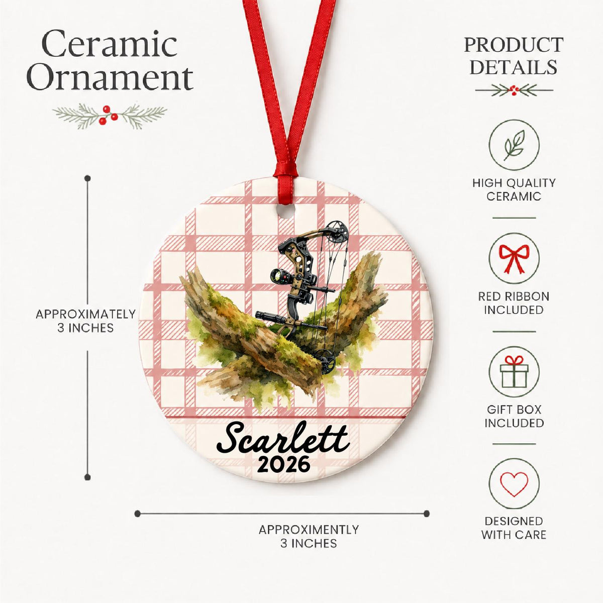 Product details for the personalized compound bow ceramic ornament with name and year on red plaid: approximately 3-inch round ceramic ornament, red ribbon and gift box