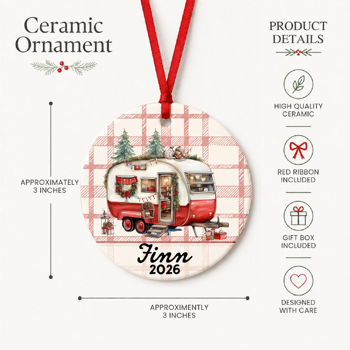 Vintage camper ceramic ornament size and product details graphic with red ribbon and plaid design