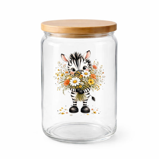 Zebra Holding Wildflower Bouquet UV DTF sticker applied to a clear glass jar with a wooden lid