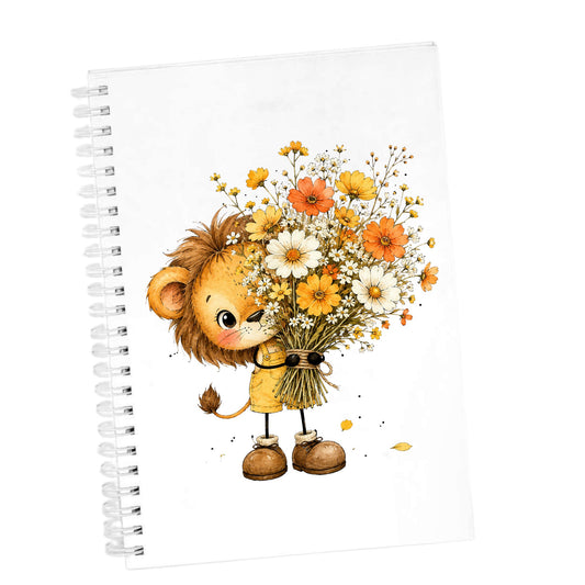 Baby Lion Holding Wildflower Bouquet UV DTF sticker applied to the cover of a white spiral journal