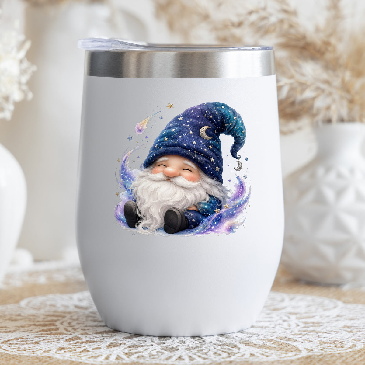 Celestial Starry Night Gnome UV DTF sticker applied to a white stemless tumbler with a lid