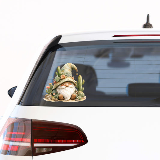 Cactus Succulent Gnome UV DTF sticker applied to the rear window of a white car