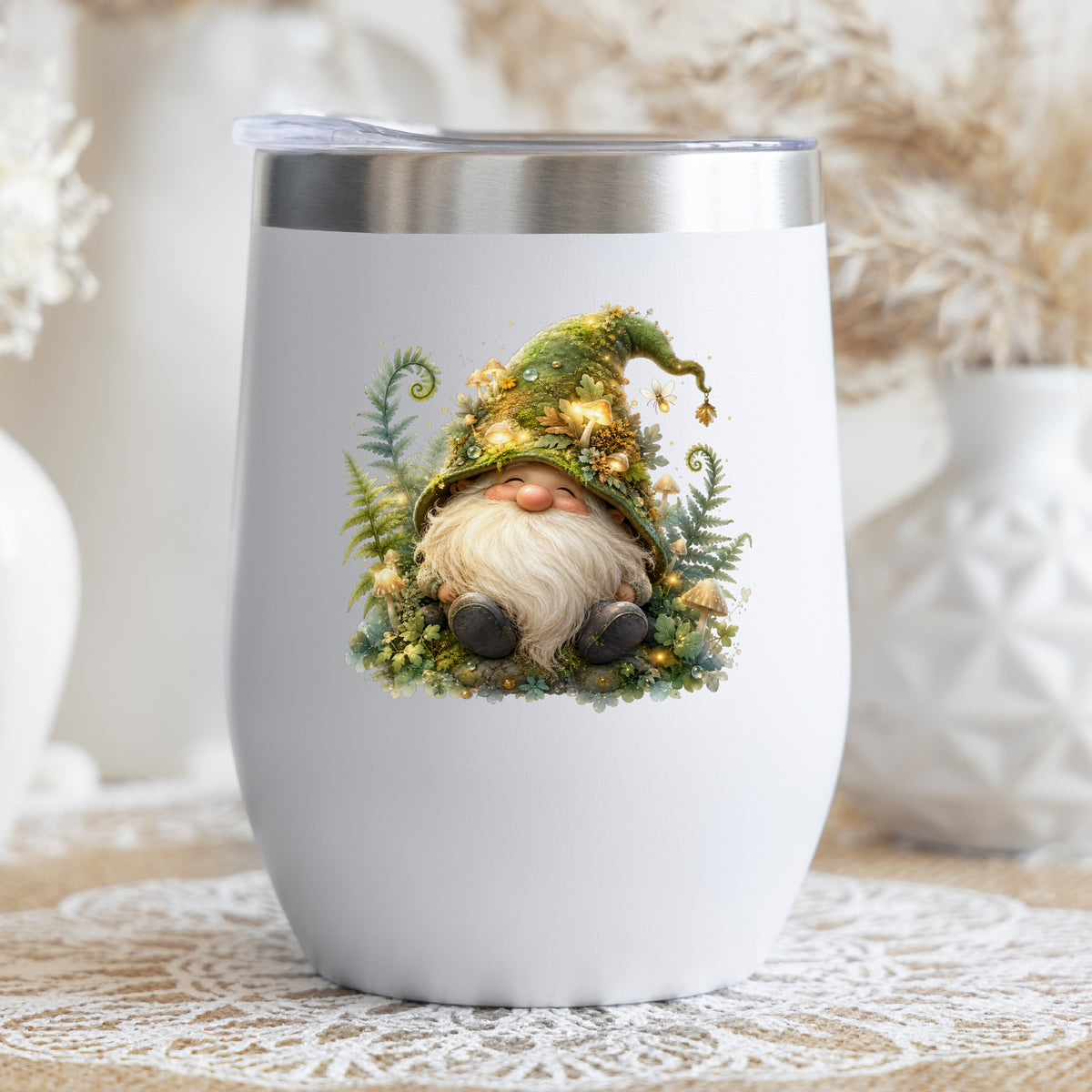 Mossy Forest Gnome UV DTF sticker applied to a white stemless tumbler with a lid