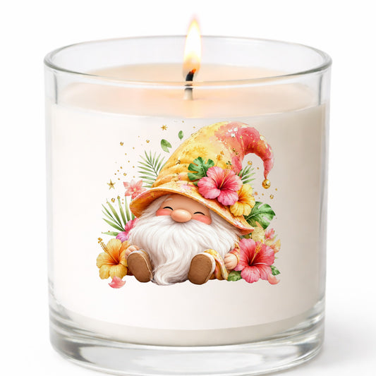 Tropical Hibiscus Gnome UV DTF sticker applied to a white candle in a clear glass jar