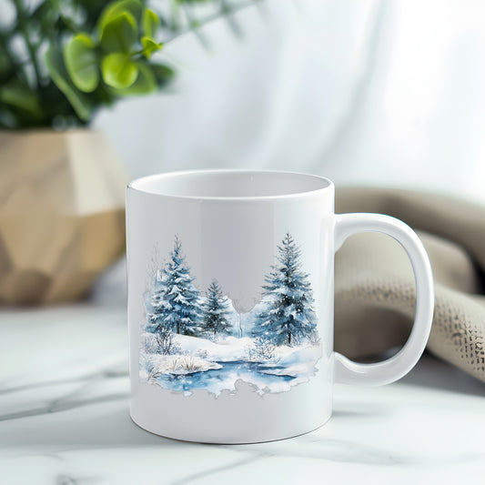 Snowy Evergreens By Stream UV DTF sticker applied to a white coffee mug