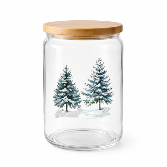 Snowy Evergreen Pair UV DTF sticker applied to a clear glass jar with lid