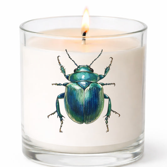 Striped Teal Beetle UV DTF sticker applied to a white candle in a clear glass jar