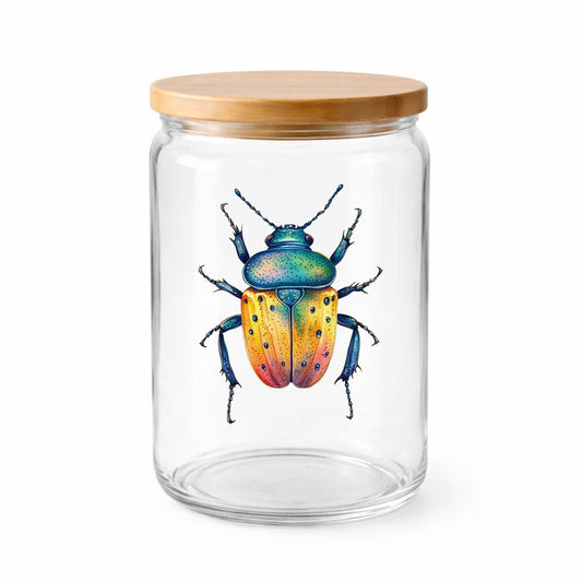 Orange And Blue Spotted Beetle UV DTF sticker applied to a clear glass jar with a wooden lid