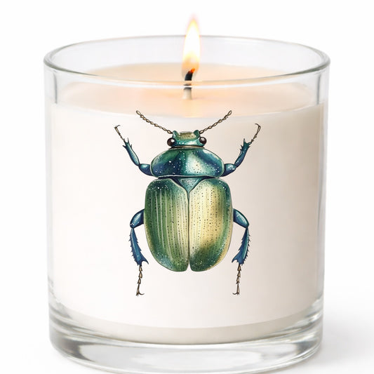 Green Scarab Beetle UV DTF sticker applied to a white candle in a clear glass jar