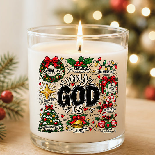 My God Is Christmas Scripture UV DTF sticker applied to a white candle in a glass holder near Christmas lights