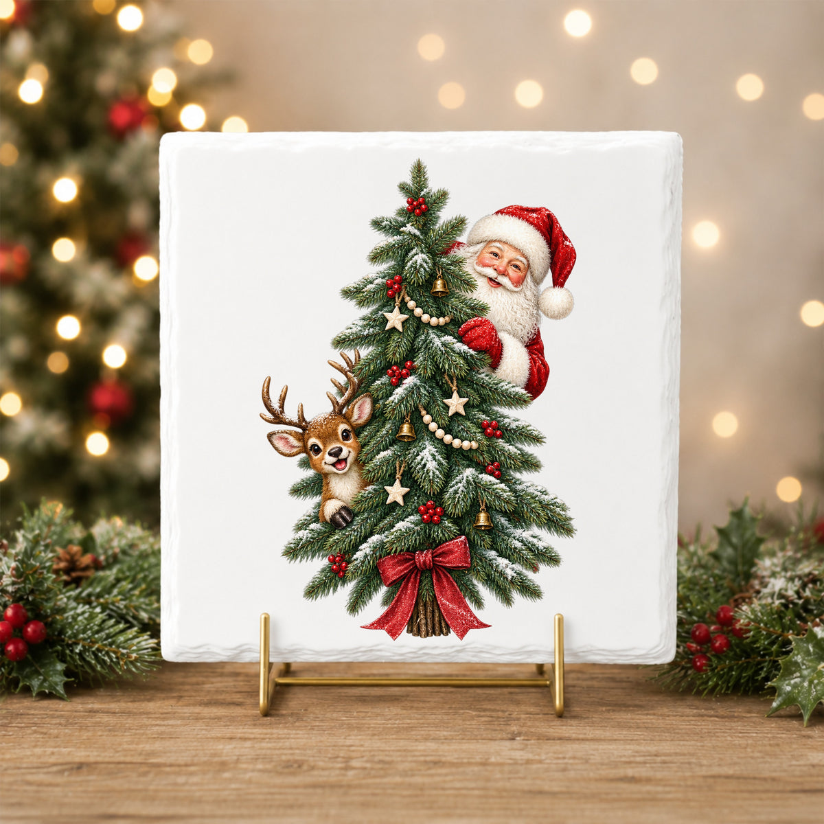 Santa And Reindeer Peeking Behind Christmas Tree UV DTF sticker applied to a white tile on a gold stand