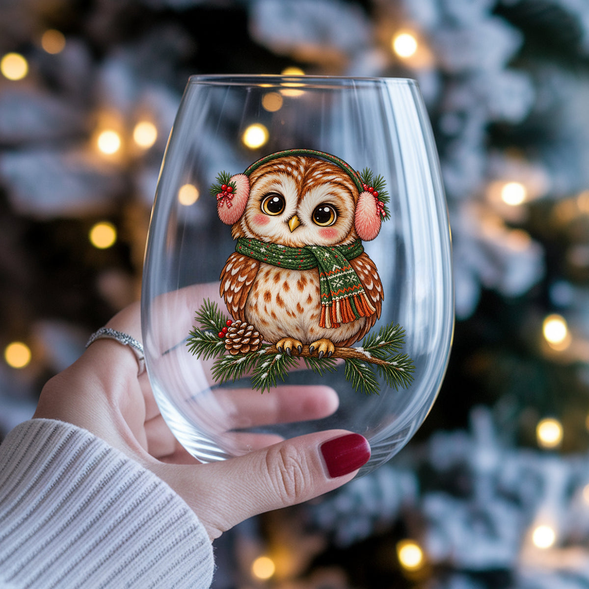 Owl With Earmuffs And Scarf On Pine Branch UV DTF sticker applied to a stemless wine glass held in hand