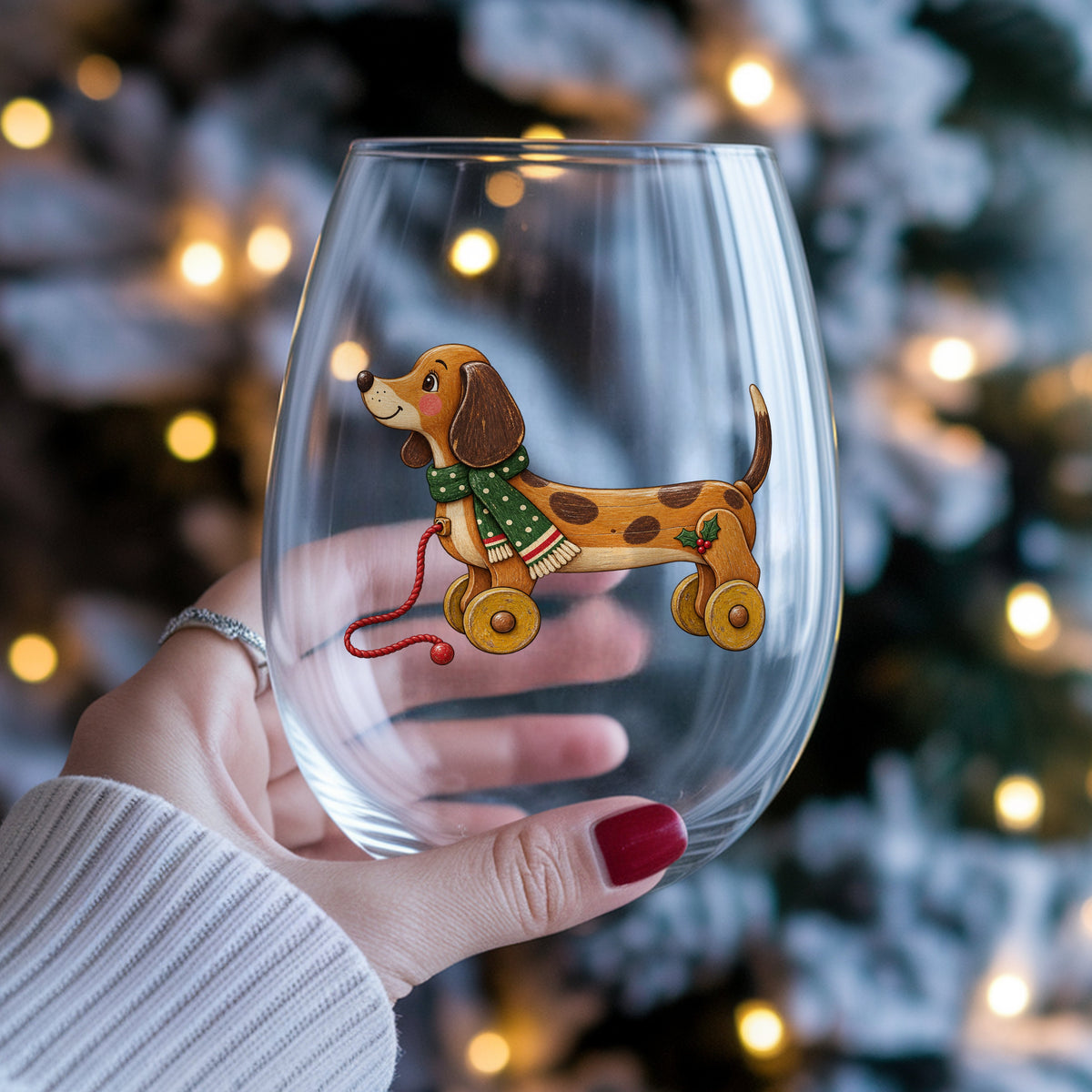 Vintage Wooden Pull Toy Dog UV DTF sticker applied to a stemless wine glass held in hand