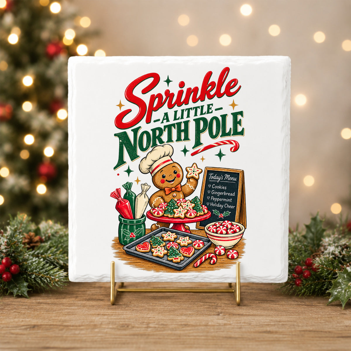 Sprinkle A Little North Pole Gingerbread UV DTF sticker applied to a white tile on a gold stand