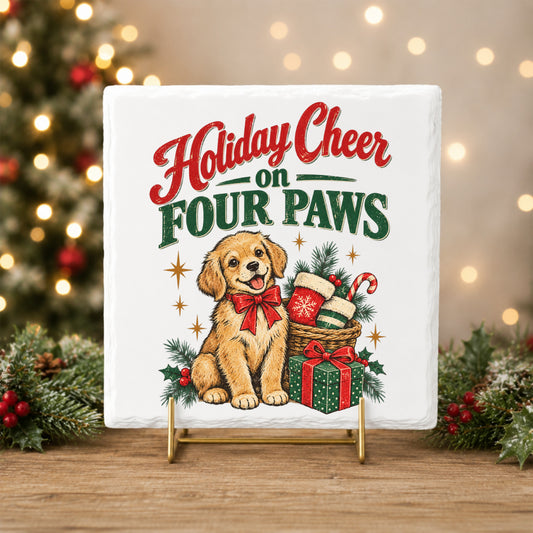 Holiday Cheer On Four Paws Puppy UV DTF sticker applied to a white tile on a gold stand