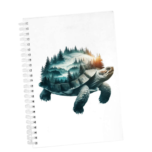 Forest Tortoise UV DTF sticker applied to the cover of a white spiral journal