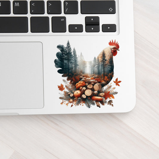 Autumn Chicken UV DTF sticker applied to a silver laptop beside the keyboard