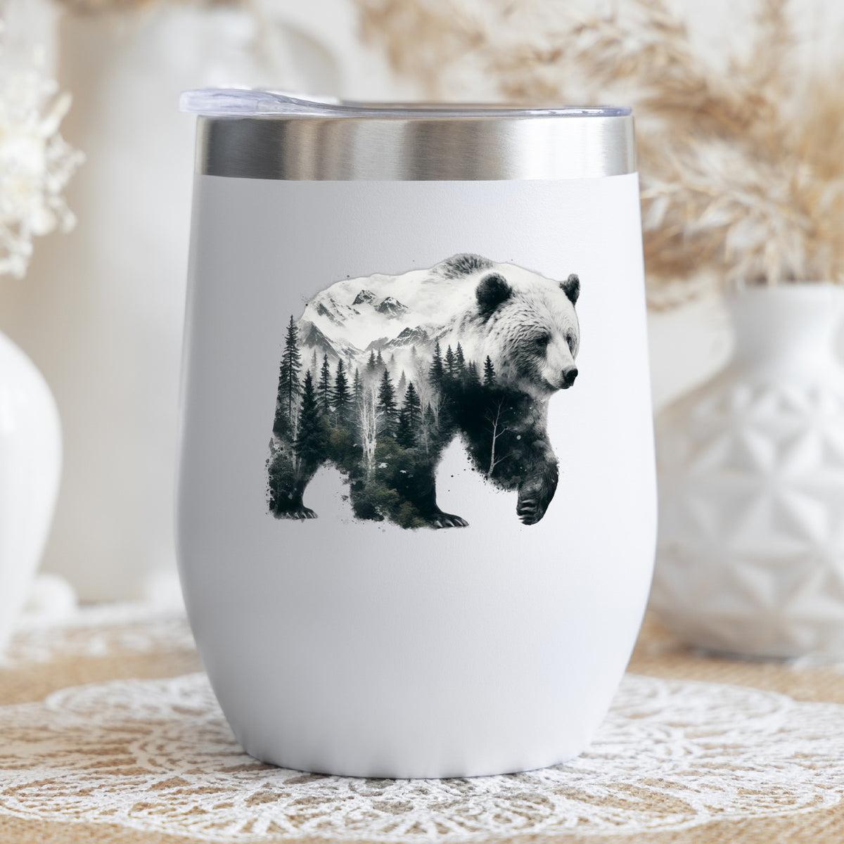 Mountain Bear UV DTF sticker applied to a white stemless tumbler with a lid