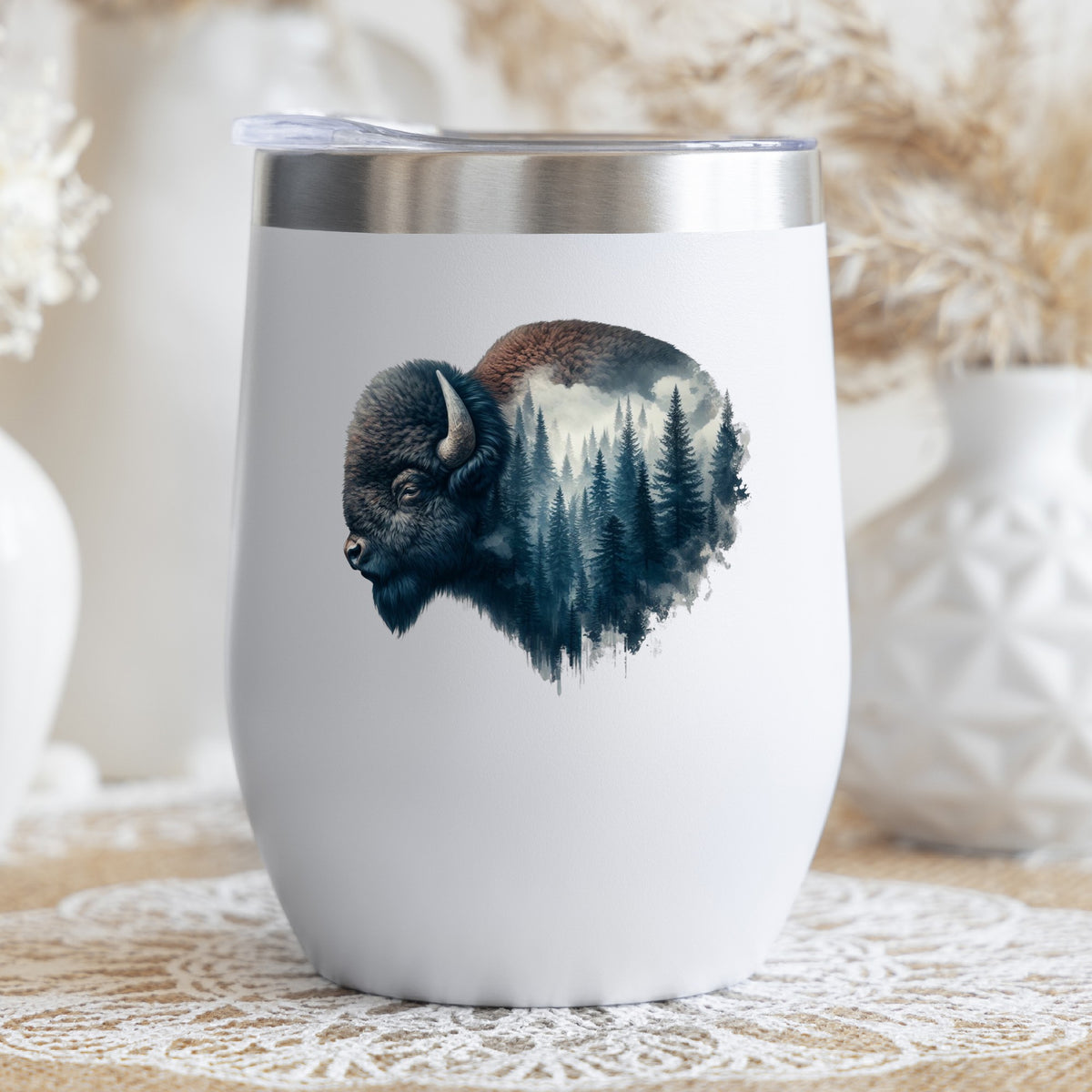 Dark Blue Bison UV DTF sticker applied to a white stemless tumbler with a lid