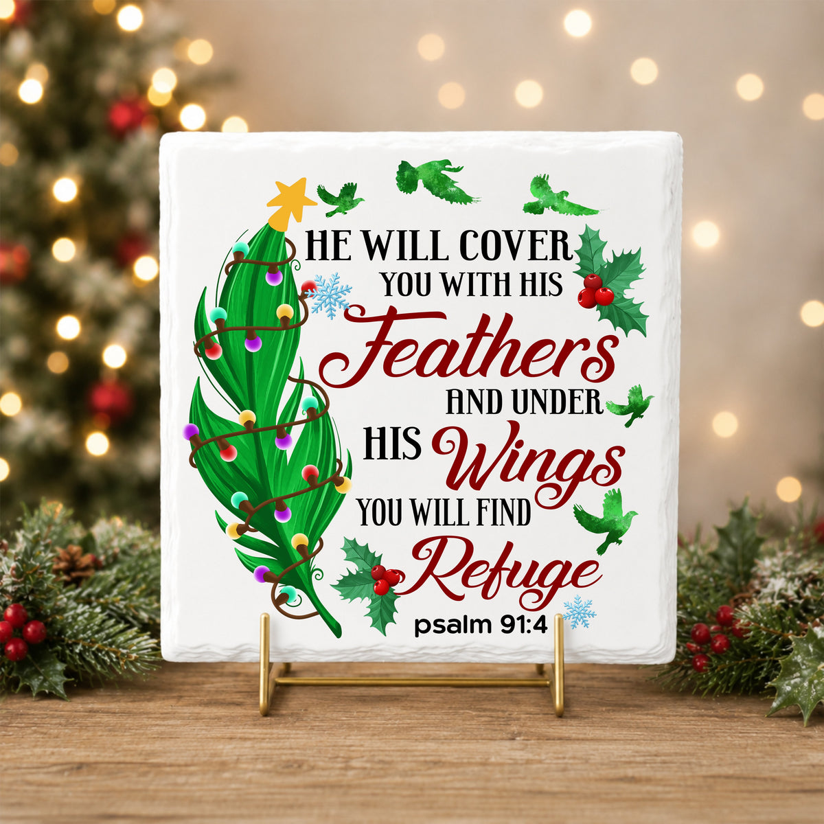 Psalm 91 Christmas Feather UV DTF sticker applied to a white tile on a gold stand