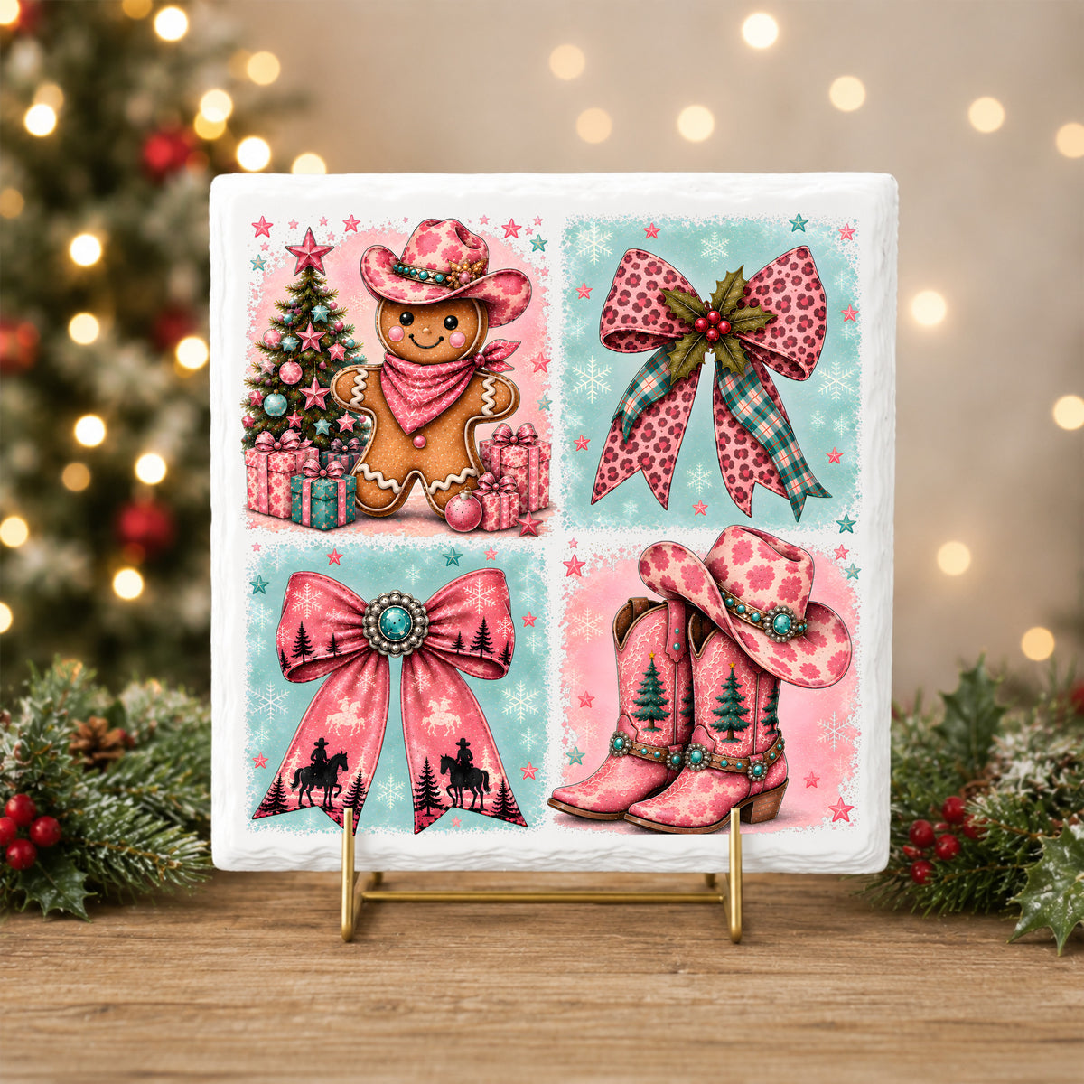 Western Gingerbread Cowgirl Panels UV DTF sticker applied to a white tile on a gold stand