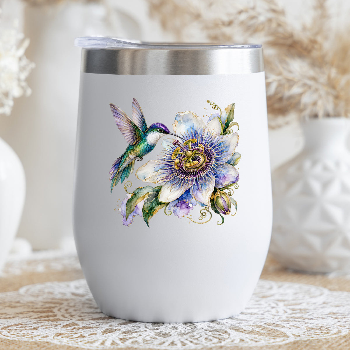 Hummingbird Passion Flower UV DTF sticker applied to a white stemless tumbler with a lid