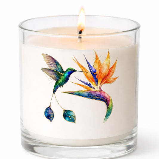 Hummingbird Bird Of Paradise Flower UV DTF sticker applied to a white candle in a clear glass jar