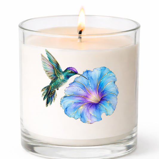 Teal Hummingbird Blue Morning Glory UV DTF sticker applied to a white candle in a clear glass jar