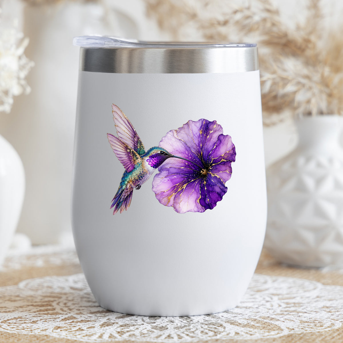 Hummingbird Purple Petunia UV DTF sticker applied to a white stemless tumbler with a lid