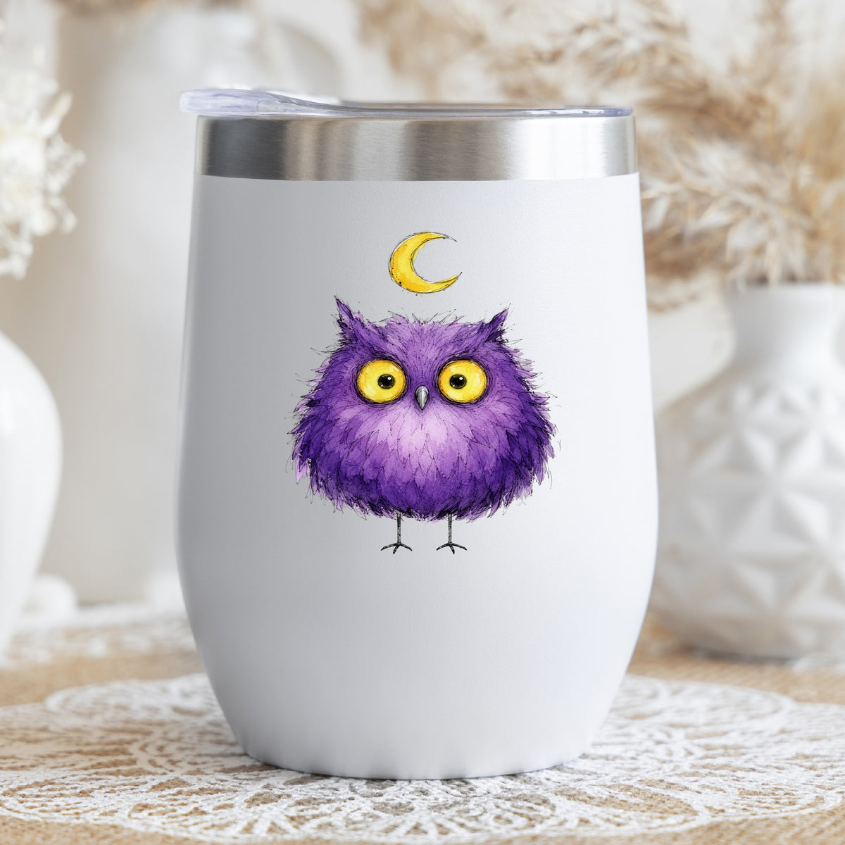 Purple Owl Crescent Moon UV DTF sticker applied to a white stemless tumbler with a lid