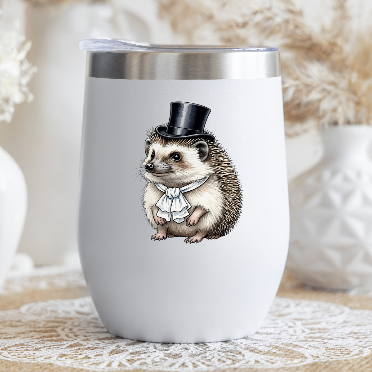 Hedgehog In Top Hat UV DTF sticker applied to a white stemless tumbler with a lid