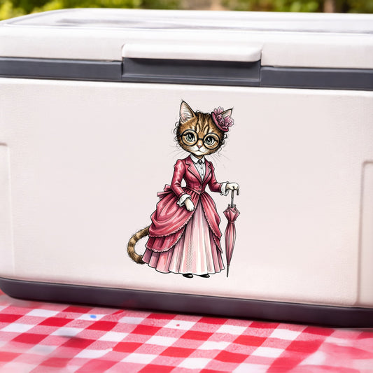 Tabby Cat Pink Victorian Dress UV DTF sticker applied to a white cooler on a red gingham cloth