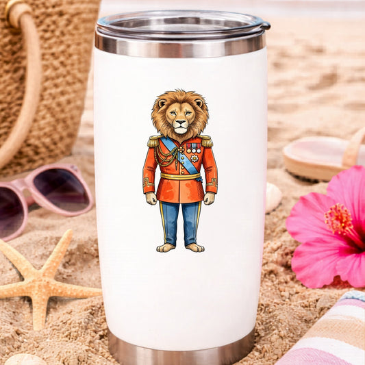 Lion Red Military Uniform UV DTF sticker applied to a white travel tumbler on beach sand