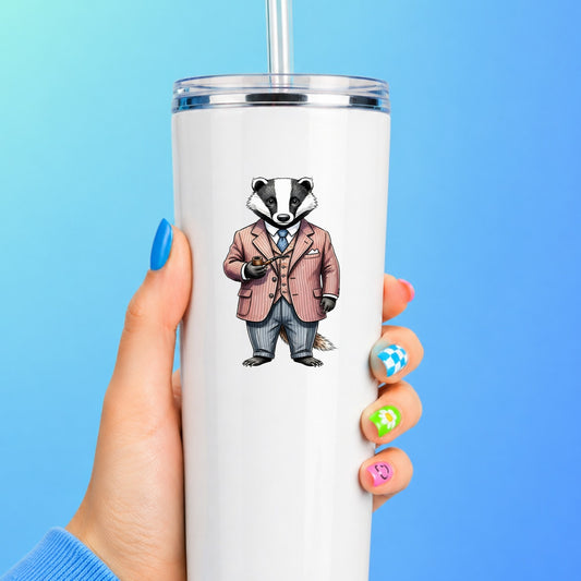 Badger Pink Pinstripe Suit Pipe UV DTF sticker applied to a white straw tumbler on a blue background