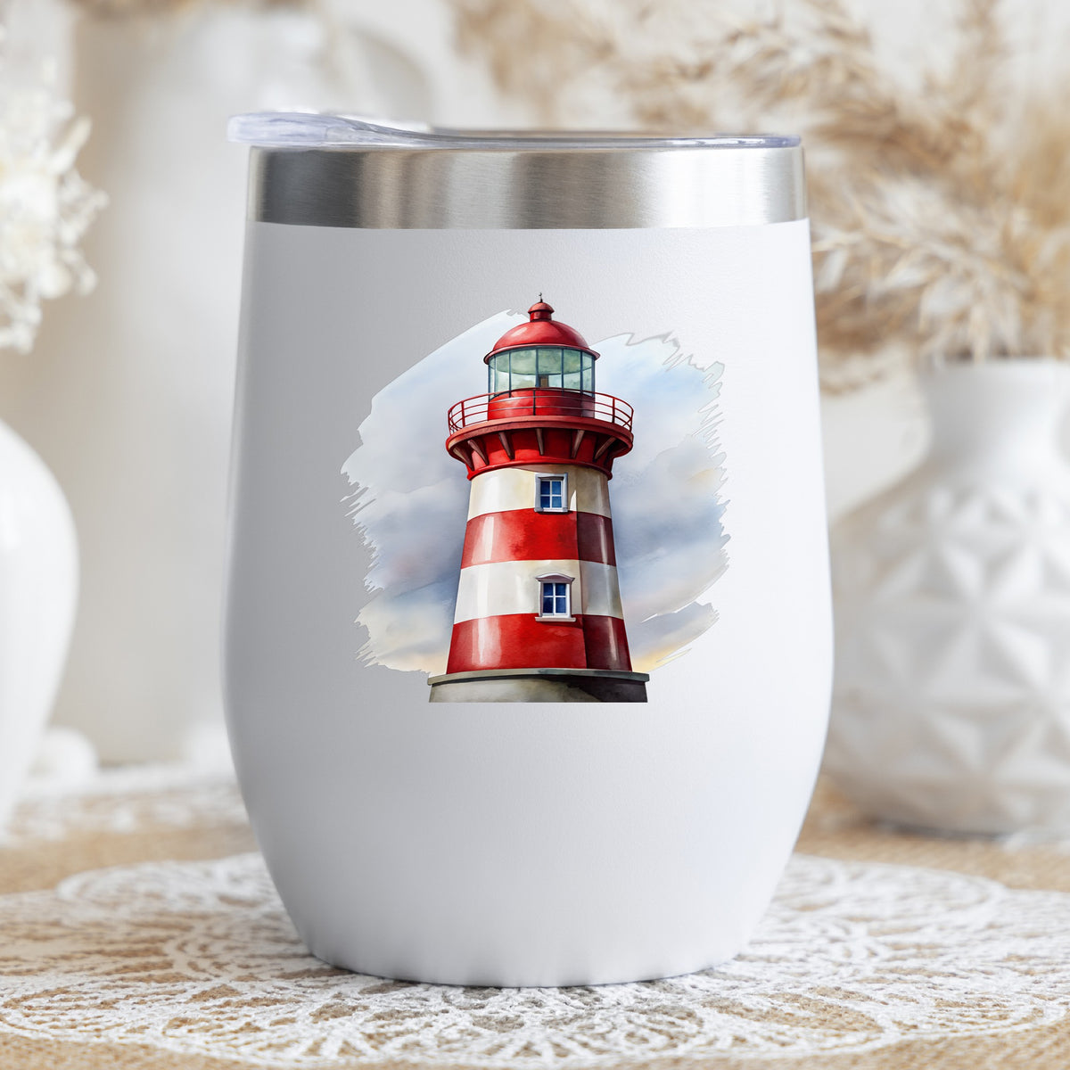 Red And White Lighthouse UV DTF sticker applied to a white stemless tumbler with a lid