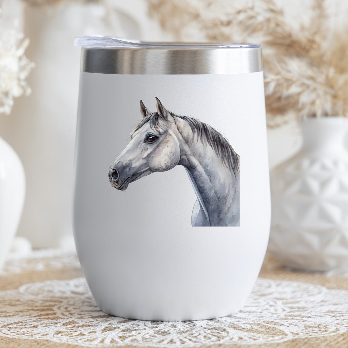 Dapple Gray Horse Portrait UV DTF sticker applied to a white stemless tumbler with a lid