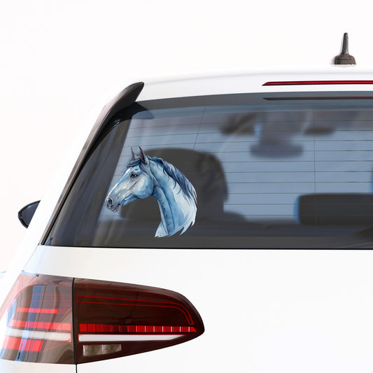 Blue Horse Head UV DTF sticker applied to the rear window of a white car