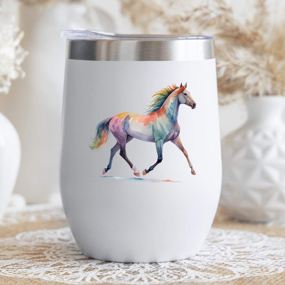 Rainbow Mane Horse Trotting UV DTF sticker applied to a white stemless tumbler with a lid
