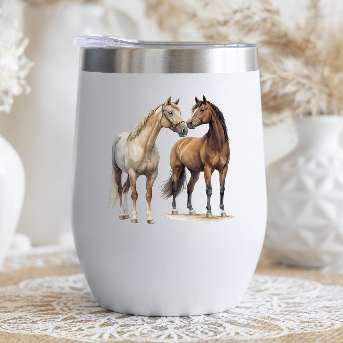 Two Horses Touching Noses UV DTF sticker applied to a white stemless tumbler with a lid