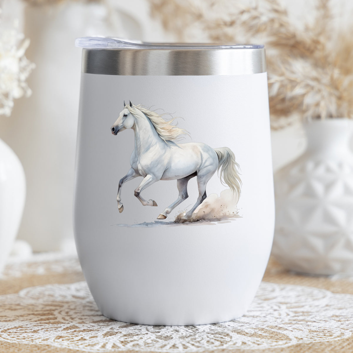 White Horse Galloping UV DTF sticker applied to a white stemless tumbler with a lid