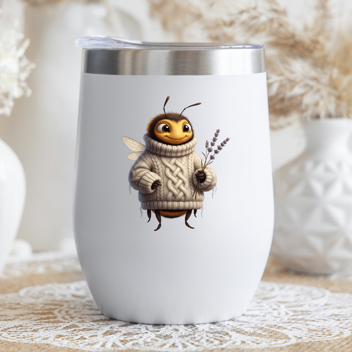 Bee In Cable Knit Sweater With Lavender UV DTF sticker applied to a white stemless tumbler with a lid