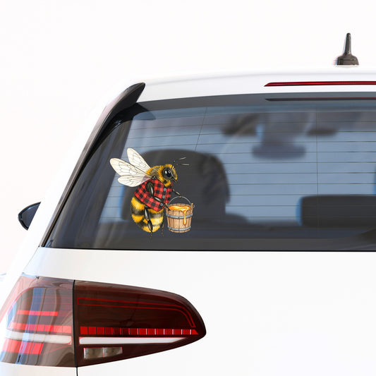 Bee In Plaid Vest With Honey Bucket UV DTF sticker applied to the rear window of a white car